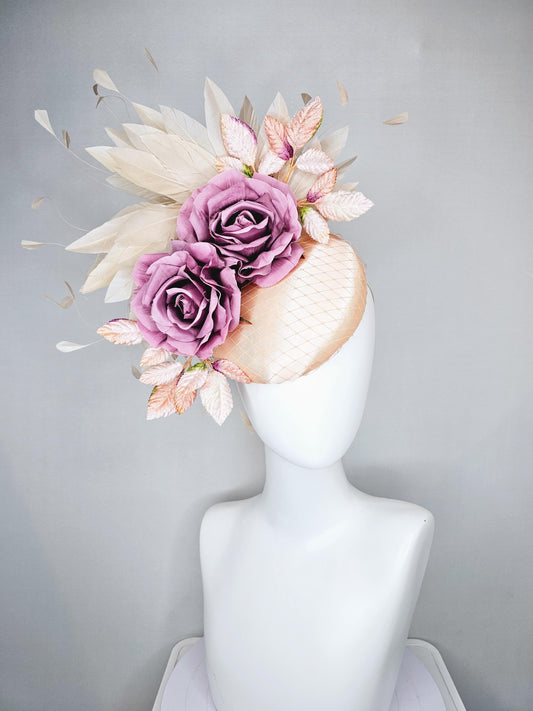 kentucky derby hat fascinator champagne satin with netting,lilac pink purple satin rose flowers,light pink leaves,neutral beige feathers