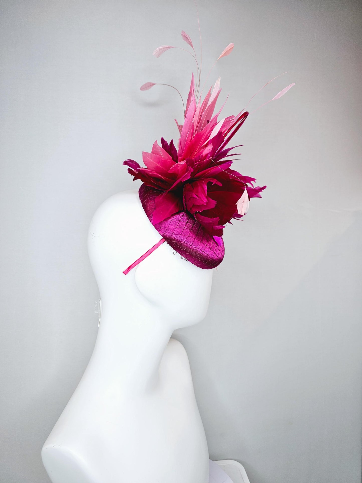 kentucky derby hat fascinator fuchsia pink satin with netting, fuchsia pink burgundy red feather flower, blush pink feathers