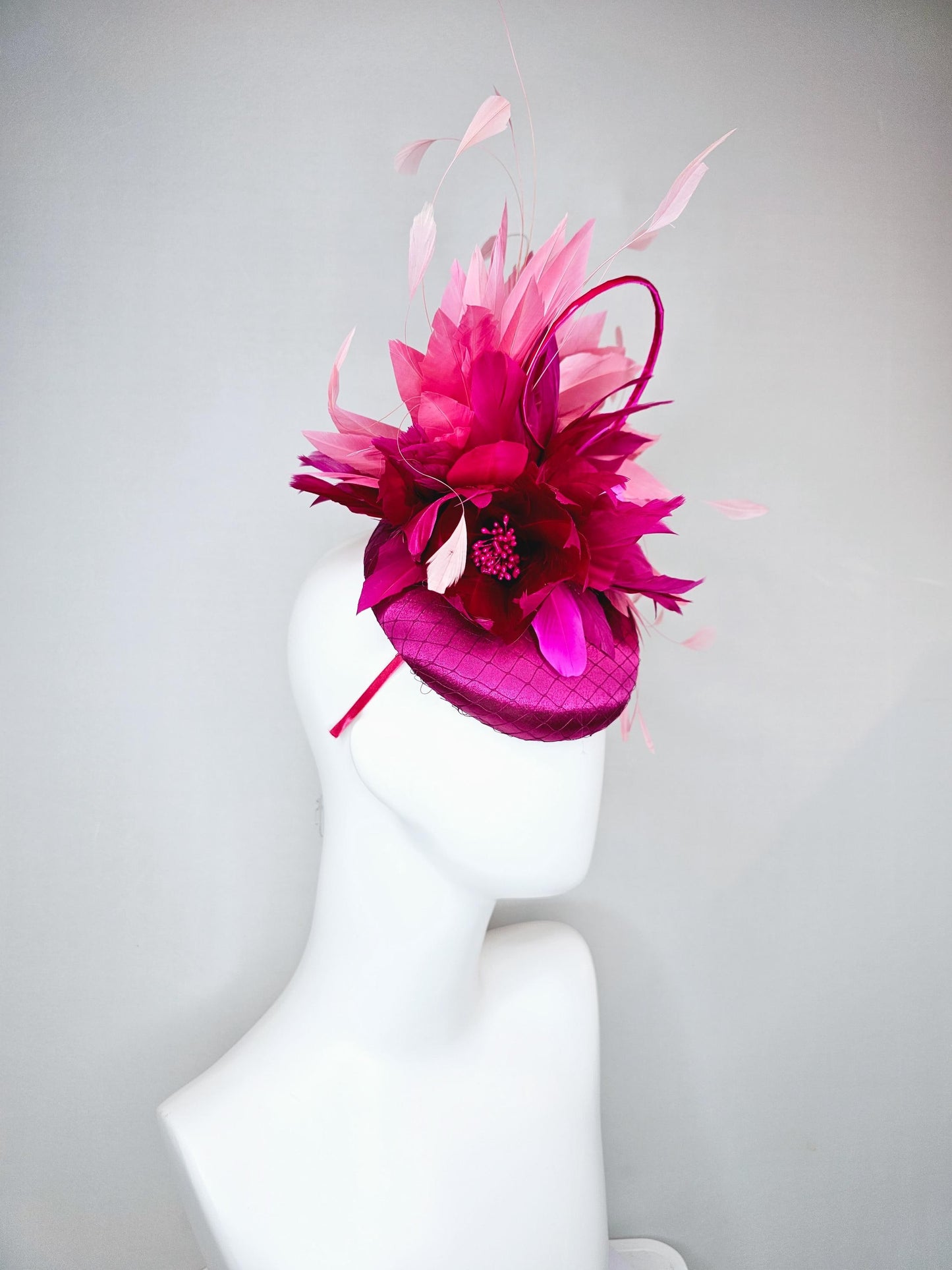 kentucky derby hat fascinator fuchsia pink satin with netting, fuchsia pink burgundy red feather flower, blush pink feathers