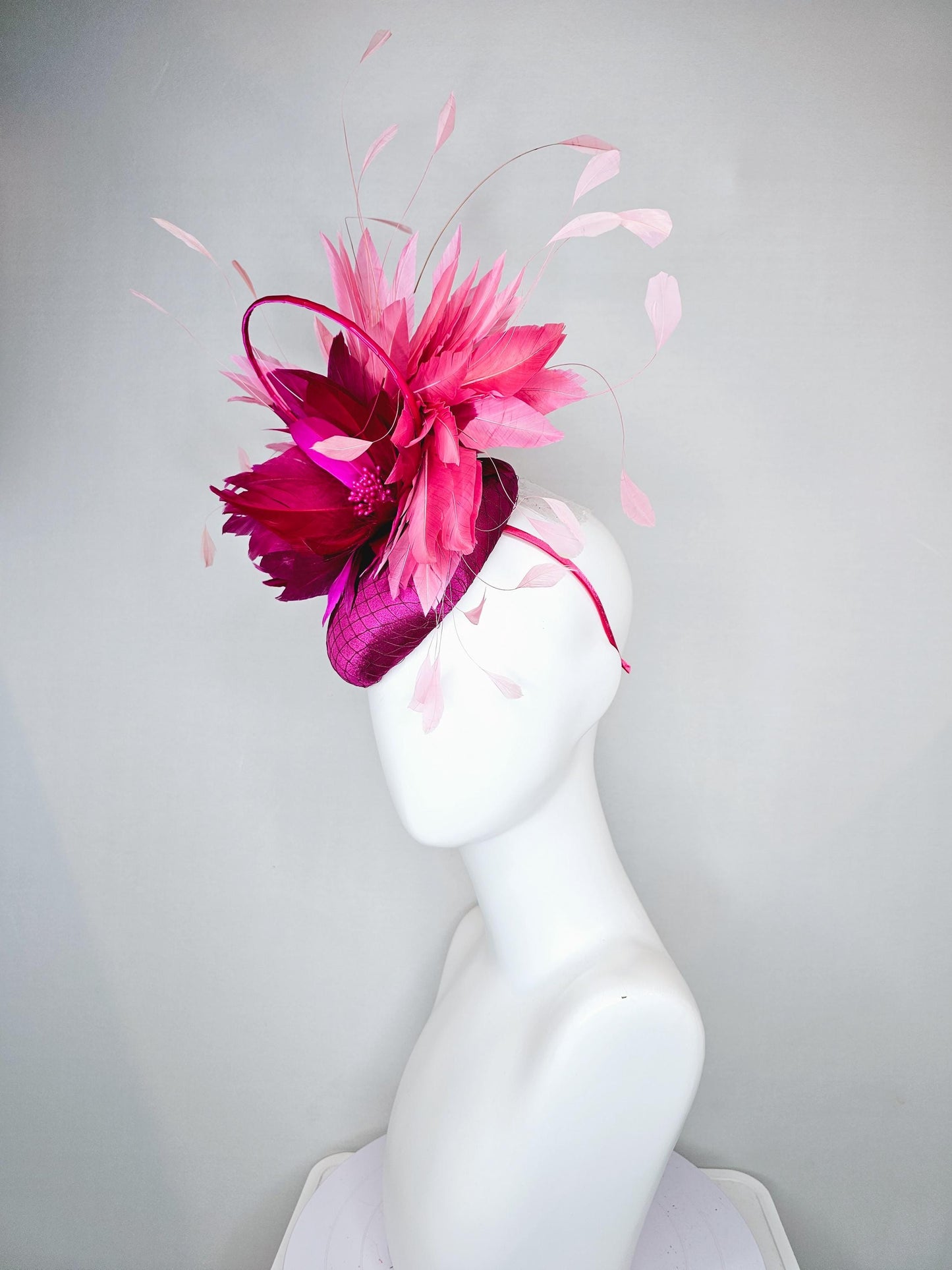 kentucky derby hat fascinator fuchsia pink satin with netting, fuchsia pink burgundy red feather flower, blush pink feathers