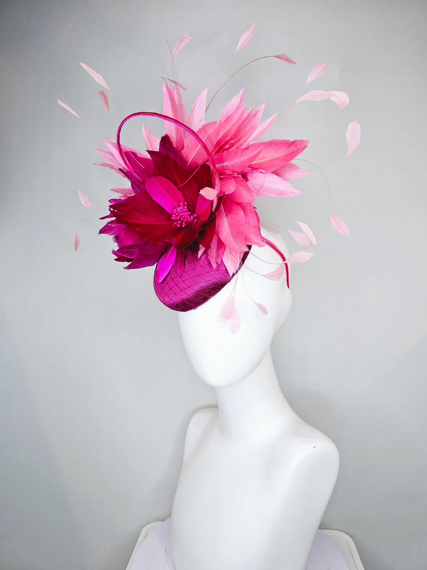 kentucky derby hat fascinator fuchsia pink satin with netting, fuchsia pink burgundy red feather flower, blush pink feathers