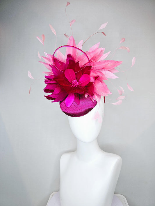 kentucky derby hat fascinator fuchsia pink satin with netting, fuchsia pink burgundy red feather flower, blush pink feathers