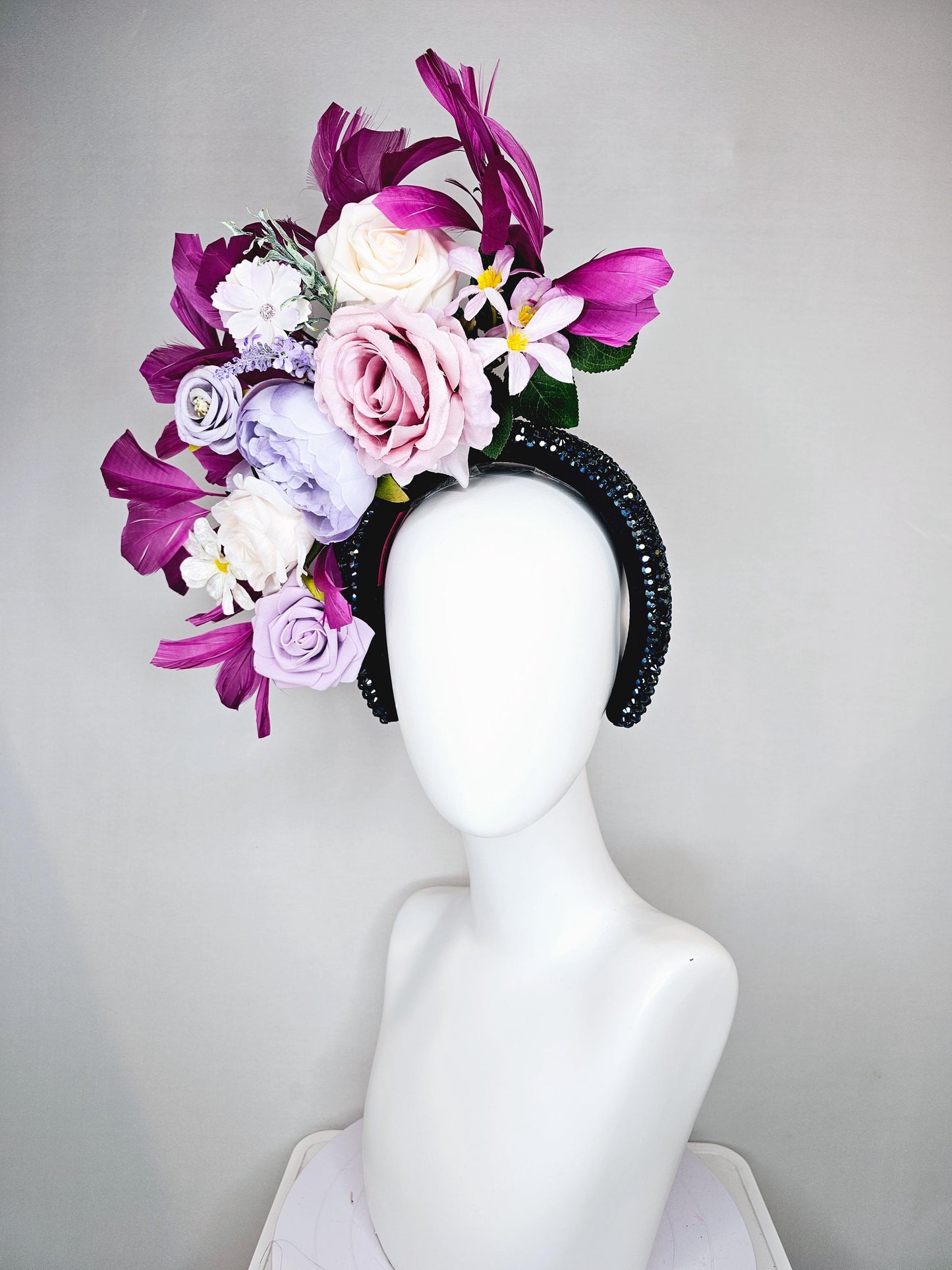 kentucky derby hat fascinator iridescent navy blue crystal headband,cream light pink purple lavender flowers,green leaves,magenta feathers