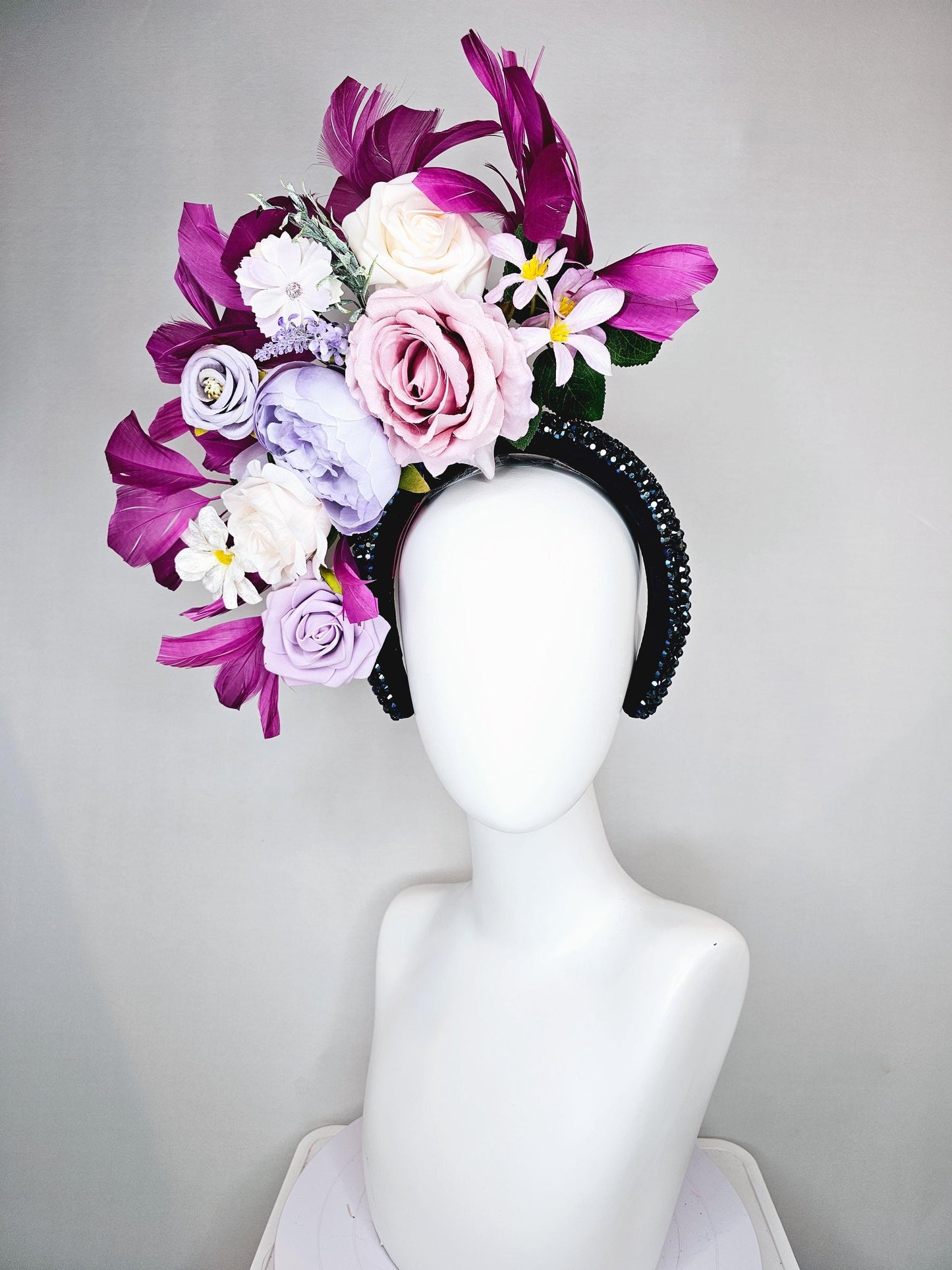 kentucky derby hat fascinator iridescent navy blue crystal headband,cream light pink purple lavender flowers,green leaves,magenta feathers