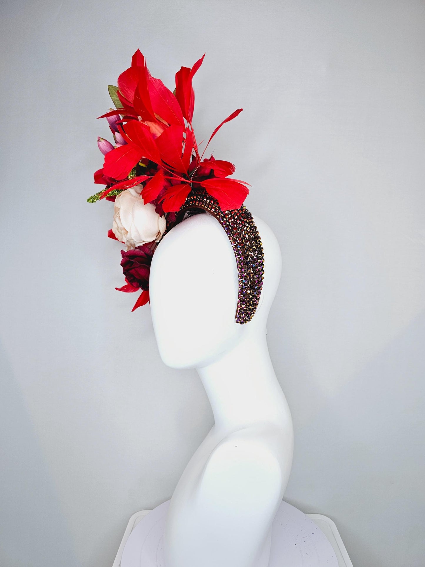 kentucky derby hat fascinator iridescent red wine crystal headband, light pink red burgundy rose flowers, green leaves,red cherry feathers