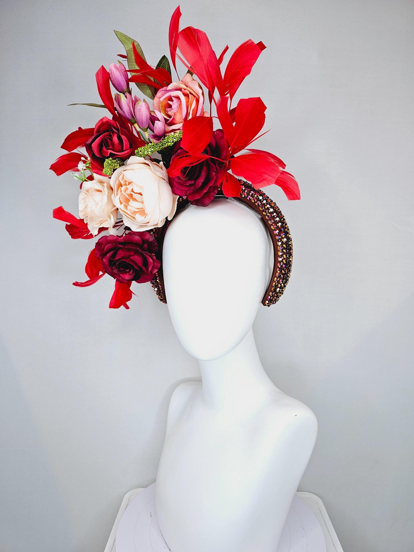 kentucky derby hat fascinator iridescent red wine crystal headband, light pink red burgundy rose flowers, green leaves,red cherry feathers