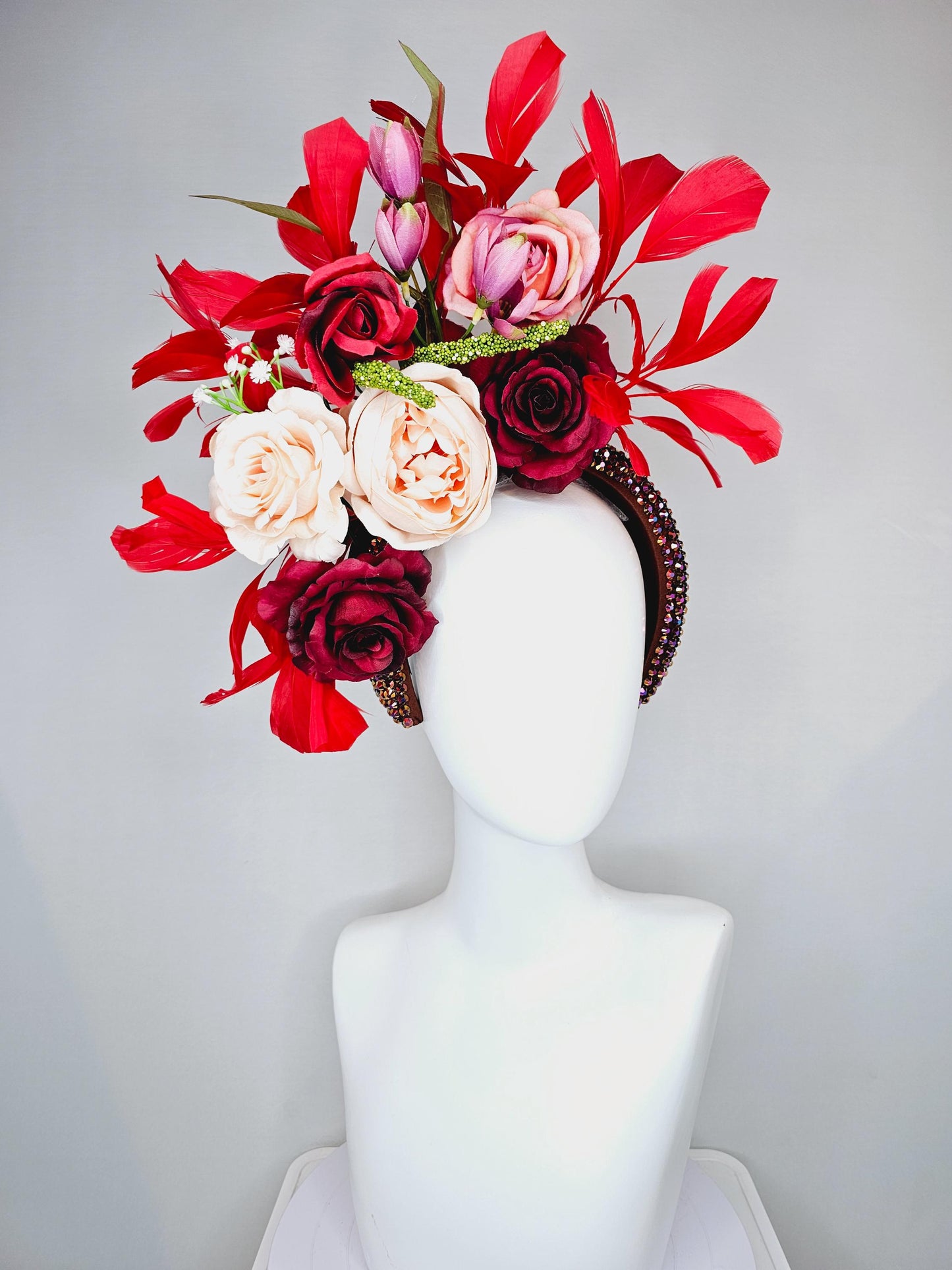 kentucky derby hat fascinator iridescent red wine crystal headband, light pink red burgundy rose flowers, green leaves,red cherry feathers