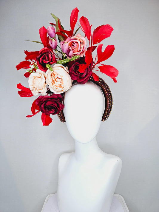 kentucky derby hat fascinator iridescent red wine crystal headband, light pink red burgundy rose flowers, green leaves,red cherry feathers