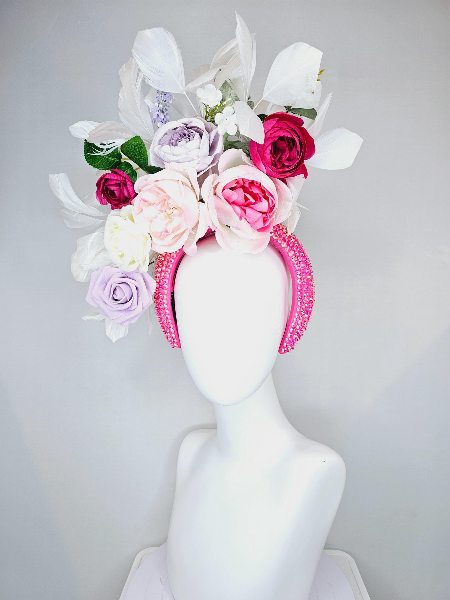 kentucky derby hat fascinator iridescent pink crystal headband,cream blush pink light purple pink rose flowers,green leaves,white feathers