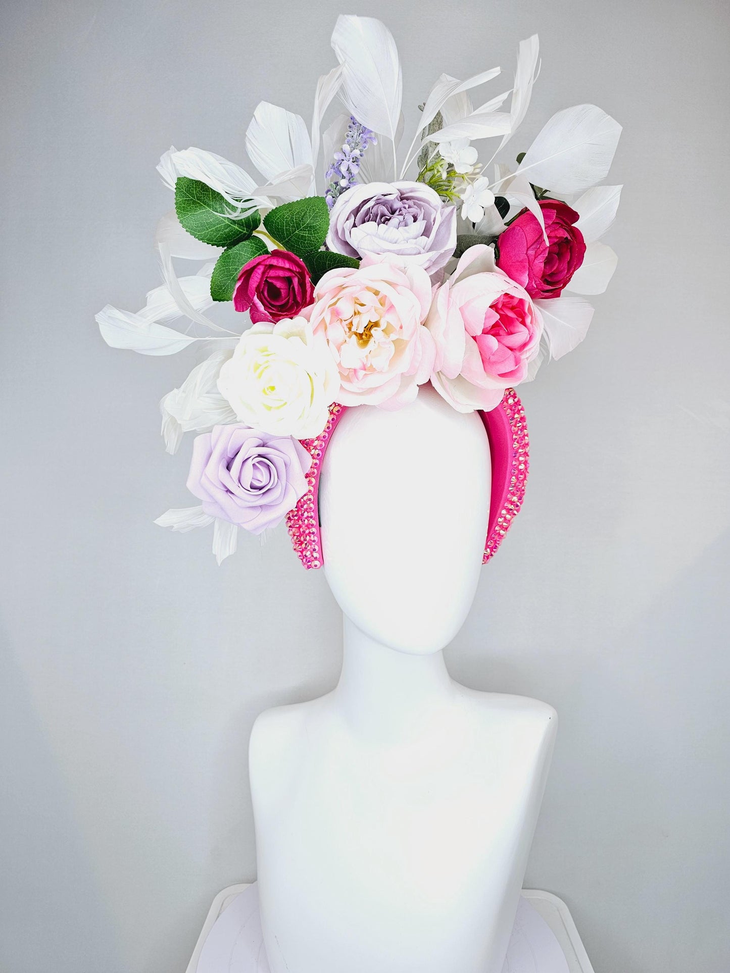 kentucky derby hat fascinator iridescent pink crystal headband,cream blush pink light purple pink rose flowers,green leaves,white feathers