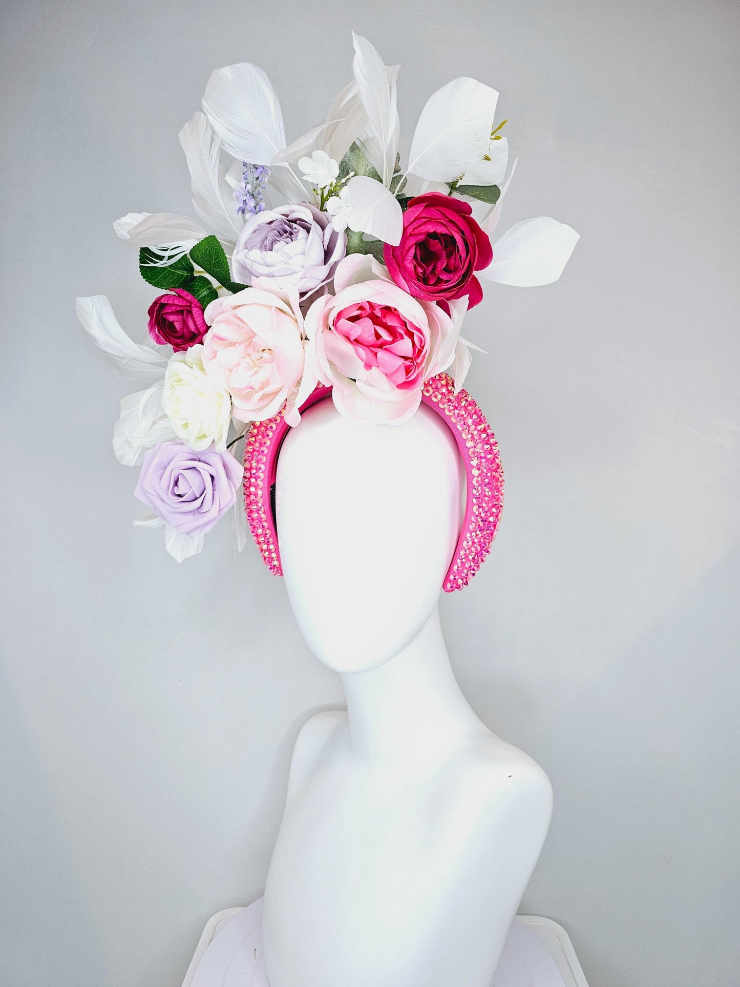 kentucky derby hat fascinator iridescent pink crystal headband,cream blush pink light purple pink rose flowers,green leaves,white feathers