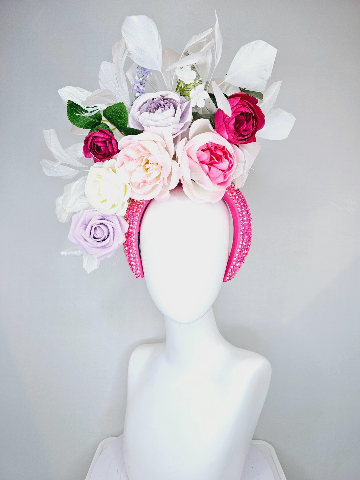 kentucky derby hat fascinator iridescent pink crystal headband,cream blush pink light purple pink rose flowers,green leaves,white feathers