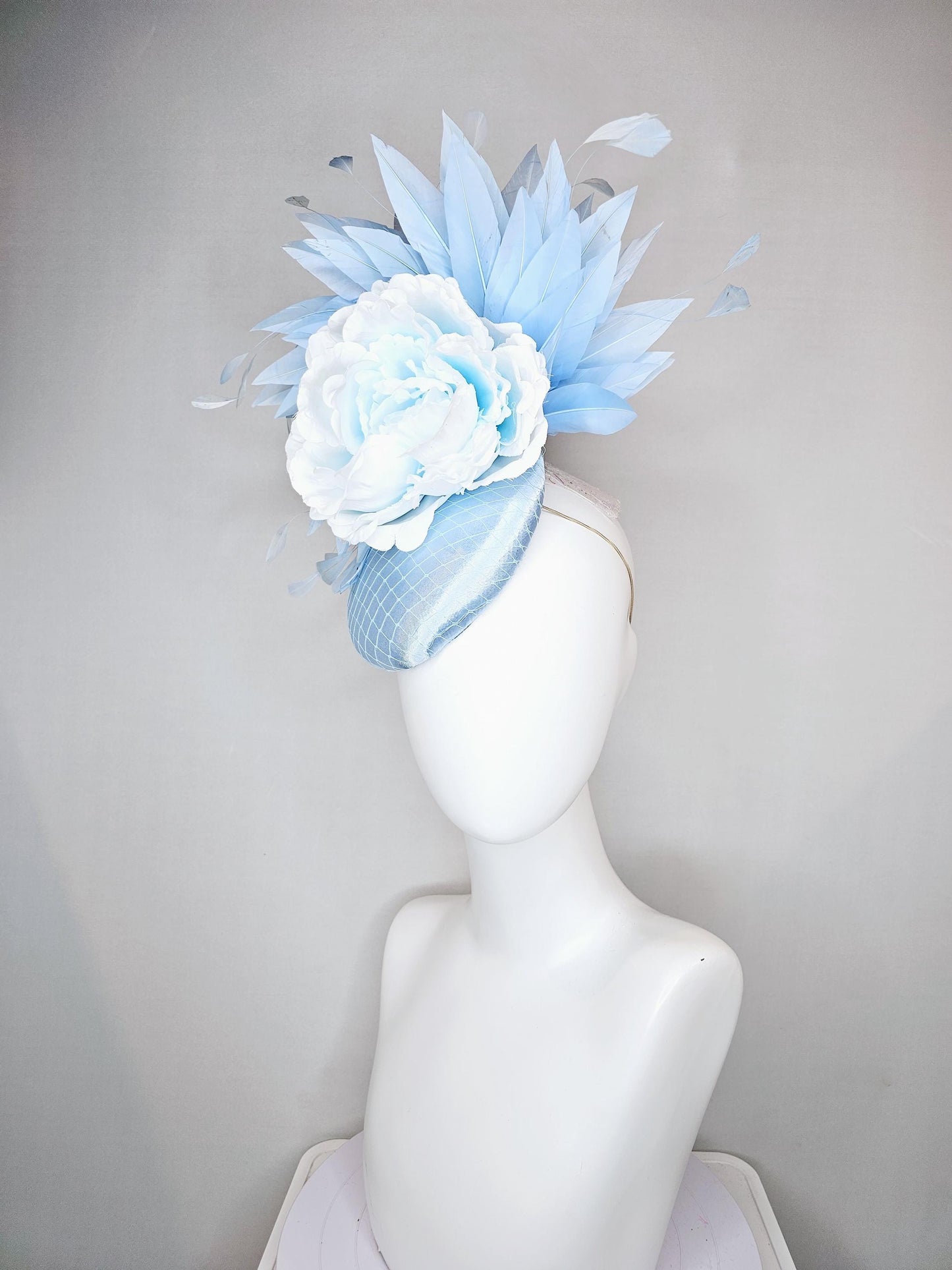 kentucky derby hat fascinator baby blue satin with netting, light sky baby blue satin silk flower and light sky baby blue branching feathers