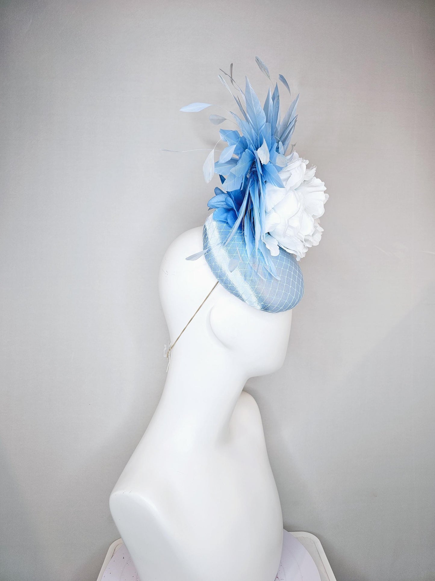 kentucky derby hat fascinator baby blue satin with netting, light sky baby blue satin silk flower and light sky baby blue branching feathers