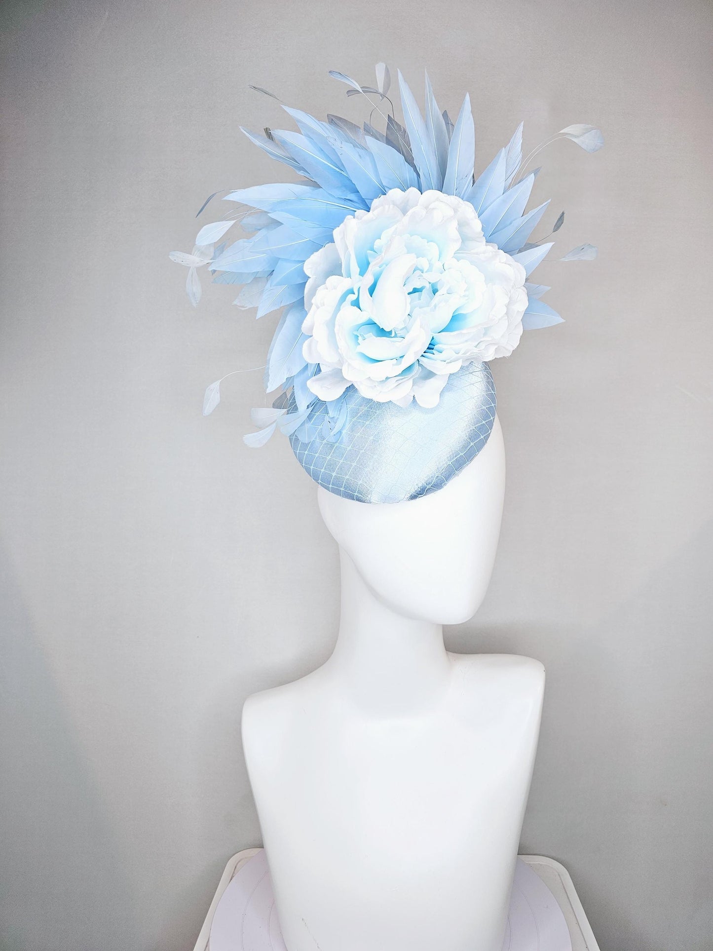 kentucky derby hat fascinator baby blue satin with netting, light sky baby blue satin silk flower and light sky baby blue branching feathers