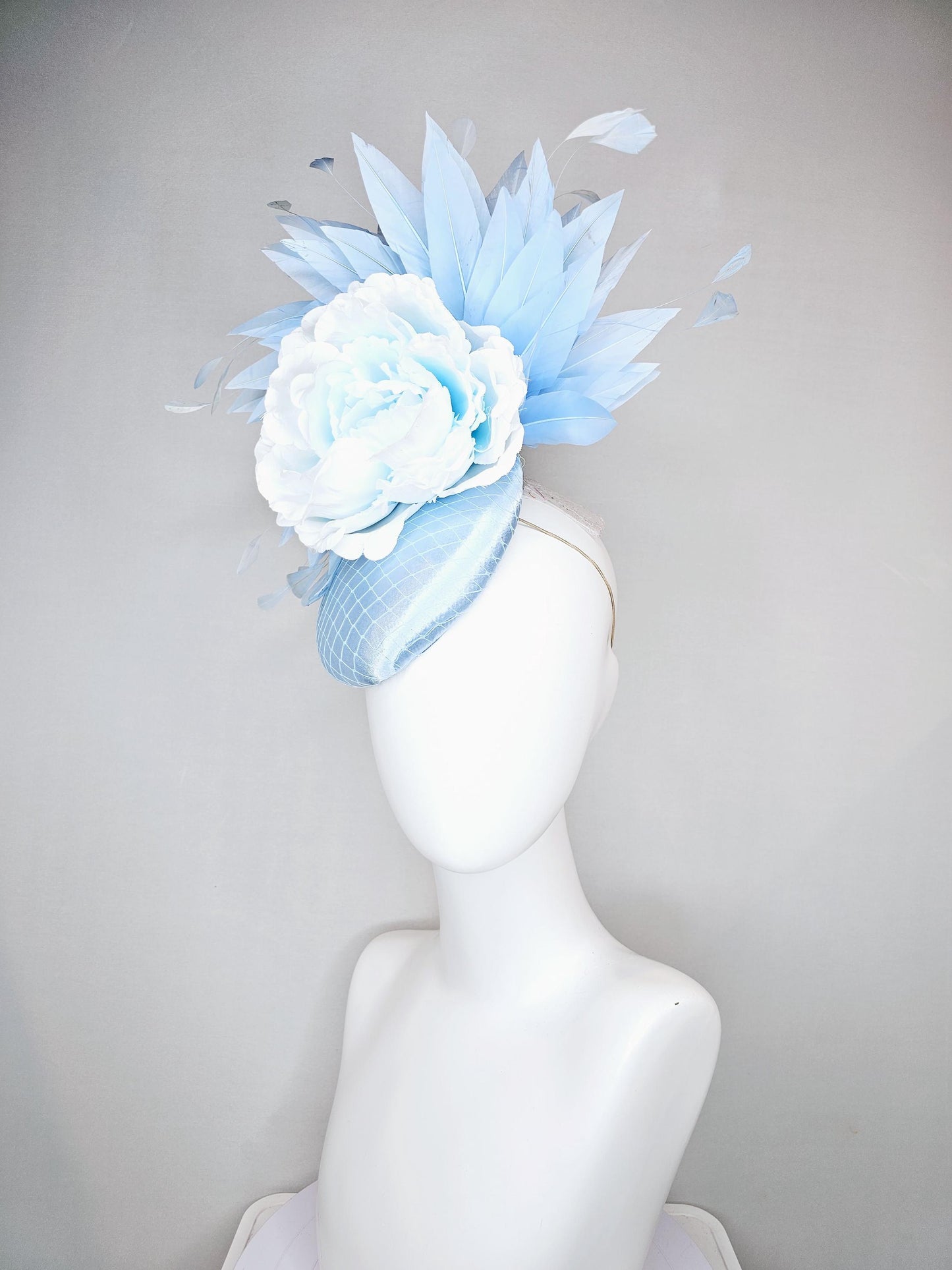 kentucky derby hat fascinator baby blue satin with netting, light sky baby blue satin silk flower and light sky baby blue branching feathers