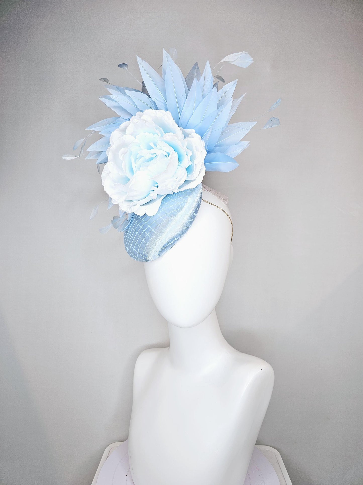 kentucky derby hat fascinator baby blue satin with netting, light sky baby blue satin silk flower and light sky baby blue branching feathers