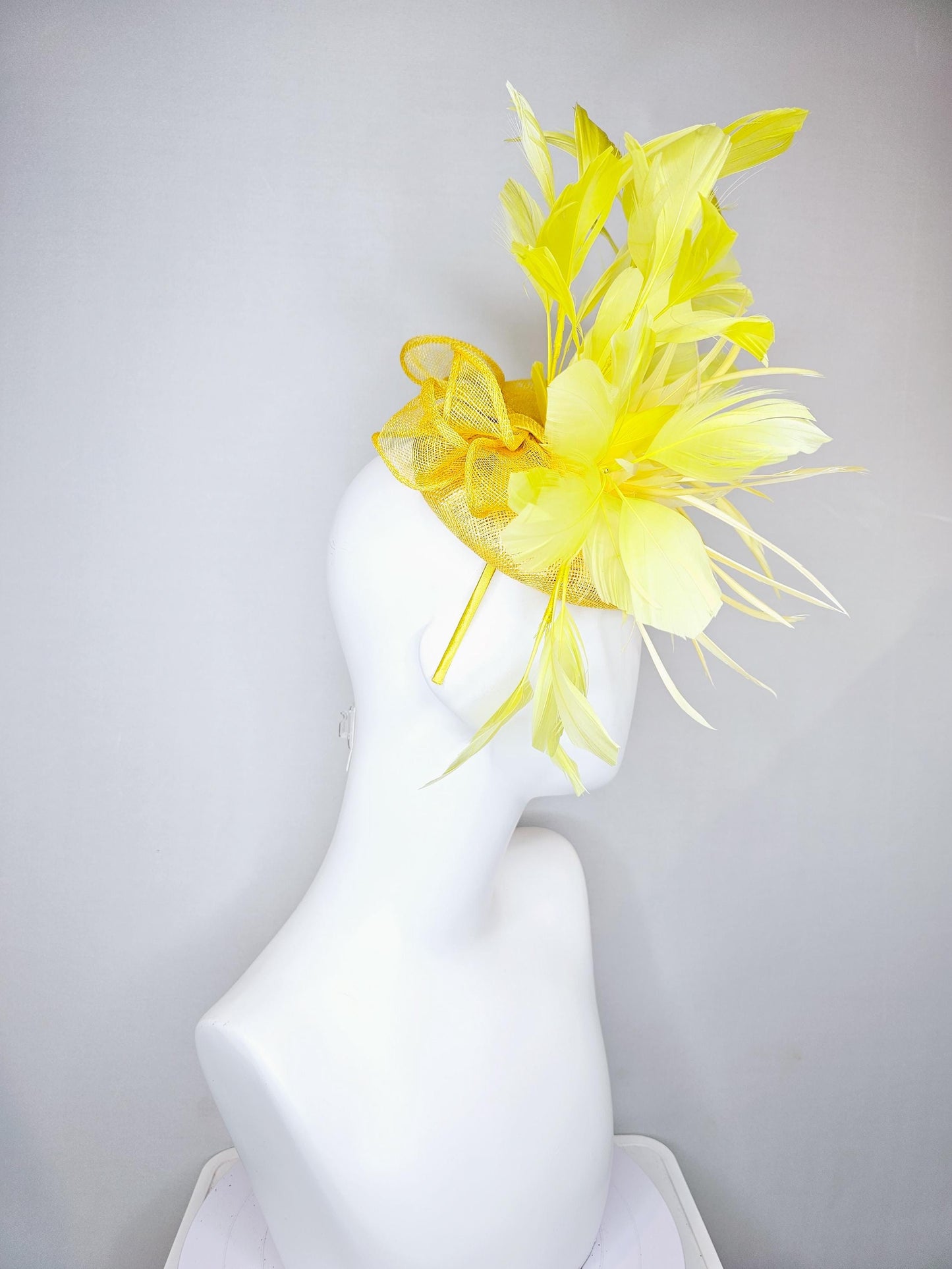 kentucky derby hat fascinator yellow sinamay, ombre yellow feather flower, bright yellow branching feathers, yellow sinamay bow