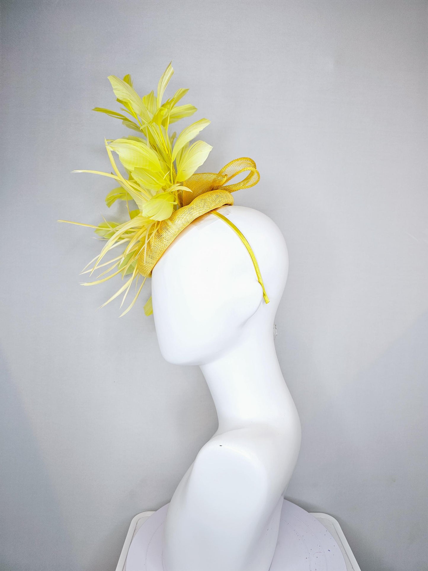 kentucky derby hat fascinator yellow sinamay, ombre yellow feather flower, bright yellow branching feathers, yellow sinamay bow