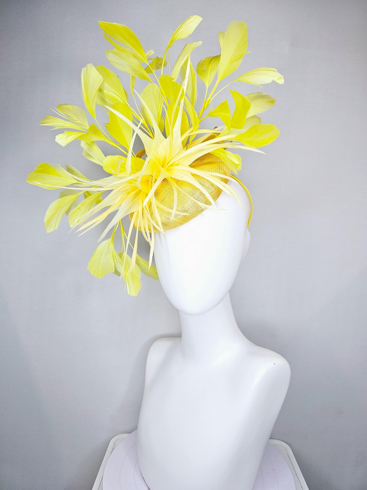 kentucky derby hat fascinator yellow sinamay, ombre yellow feather flower, bright yellow branching feathers, yellow sinamay bow