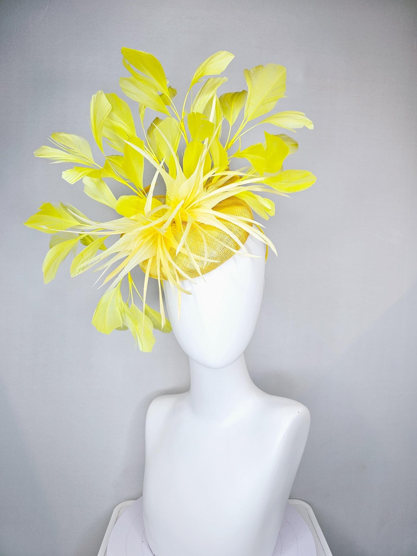 kentucky derby hat fascinator yellow sinamay, ombre yellow feather flower, bright yellow branching feathers, yellow sinamay bow