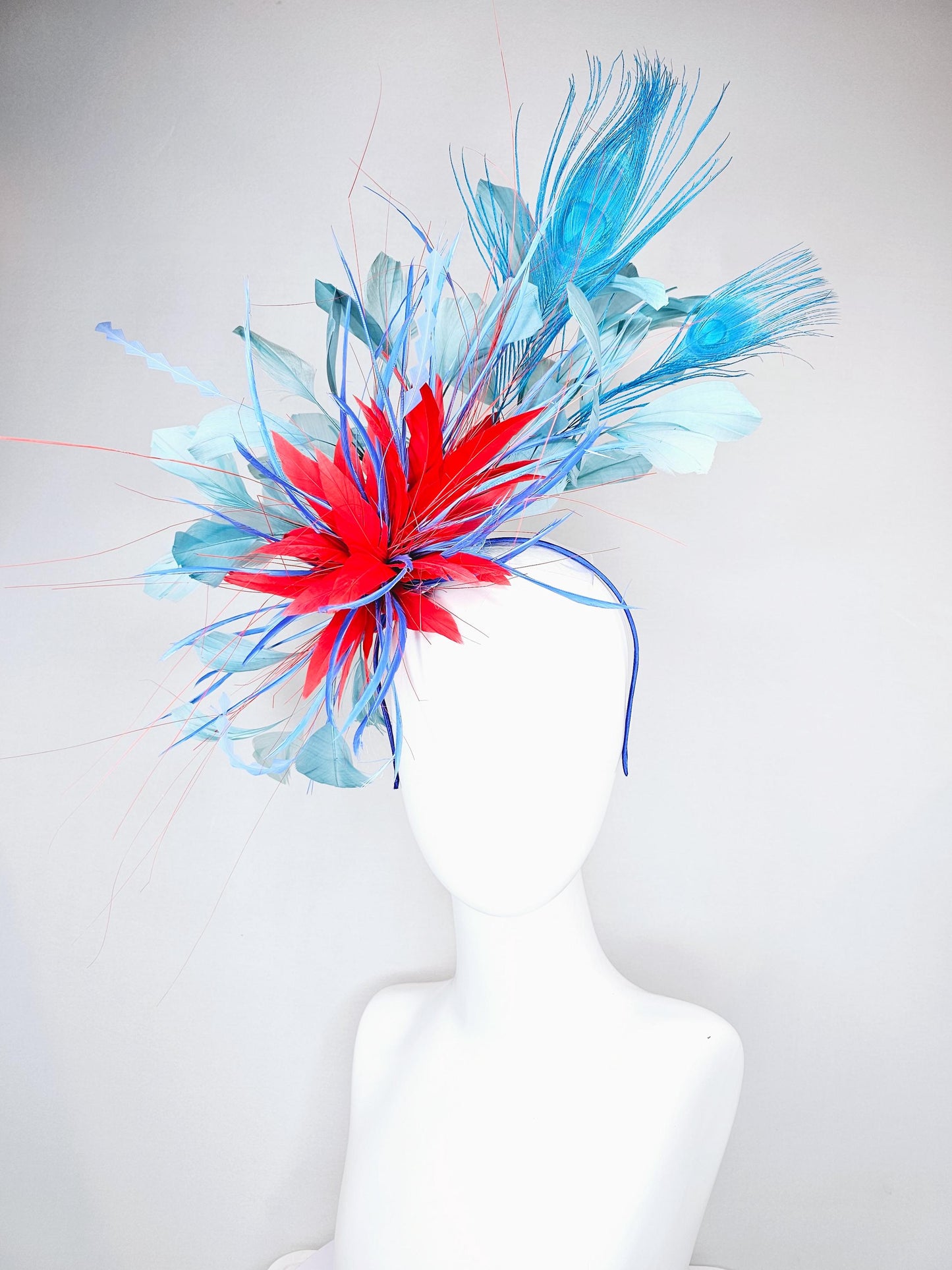 kentucky derby hat fascinator red royal blue feather flower,baby royal blue zigzag feathers, light teal blue and blue peacock feathers