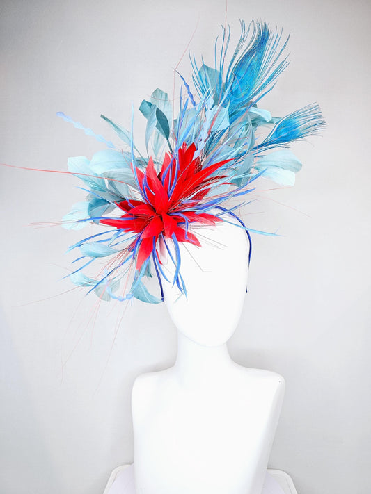 kentucky derby hat fascinator red royal blue feather flower,baby royal blue zigzag feathers, light teal blue and blue peacock feathers