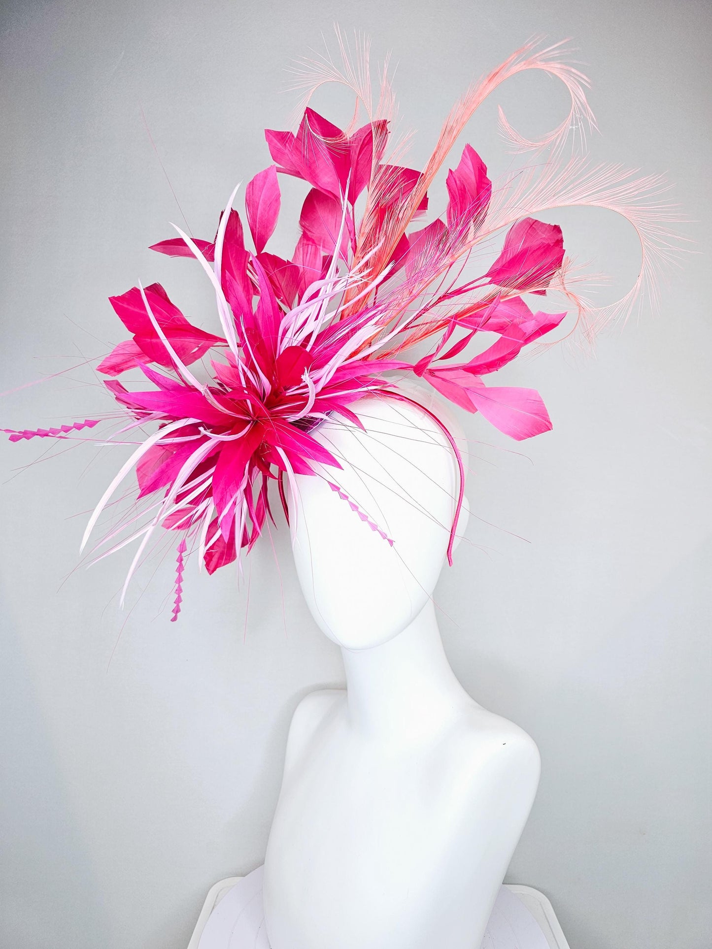 kentucky derby hat fascinator pink and baby pink feather flower, pink zigzag feathers, orange coral peach pink feathers