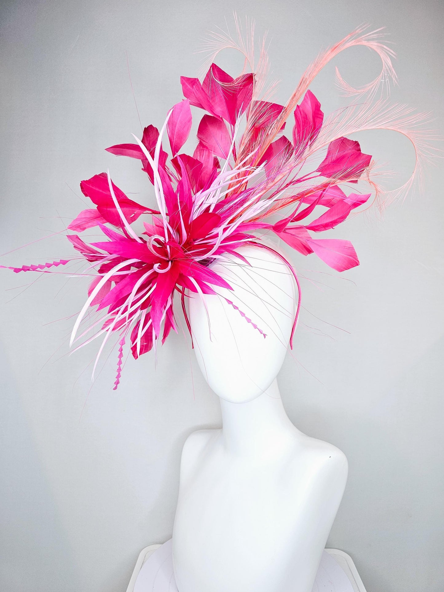 kentucky derby hat fascinator pink and baby pink feather flower, pink zigzag feathers, orange coral peach pink feathers