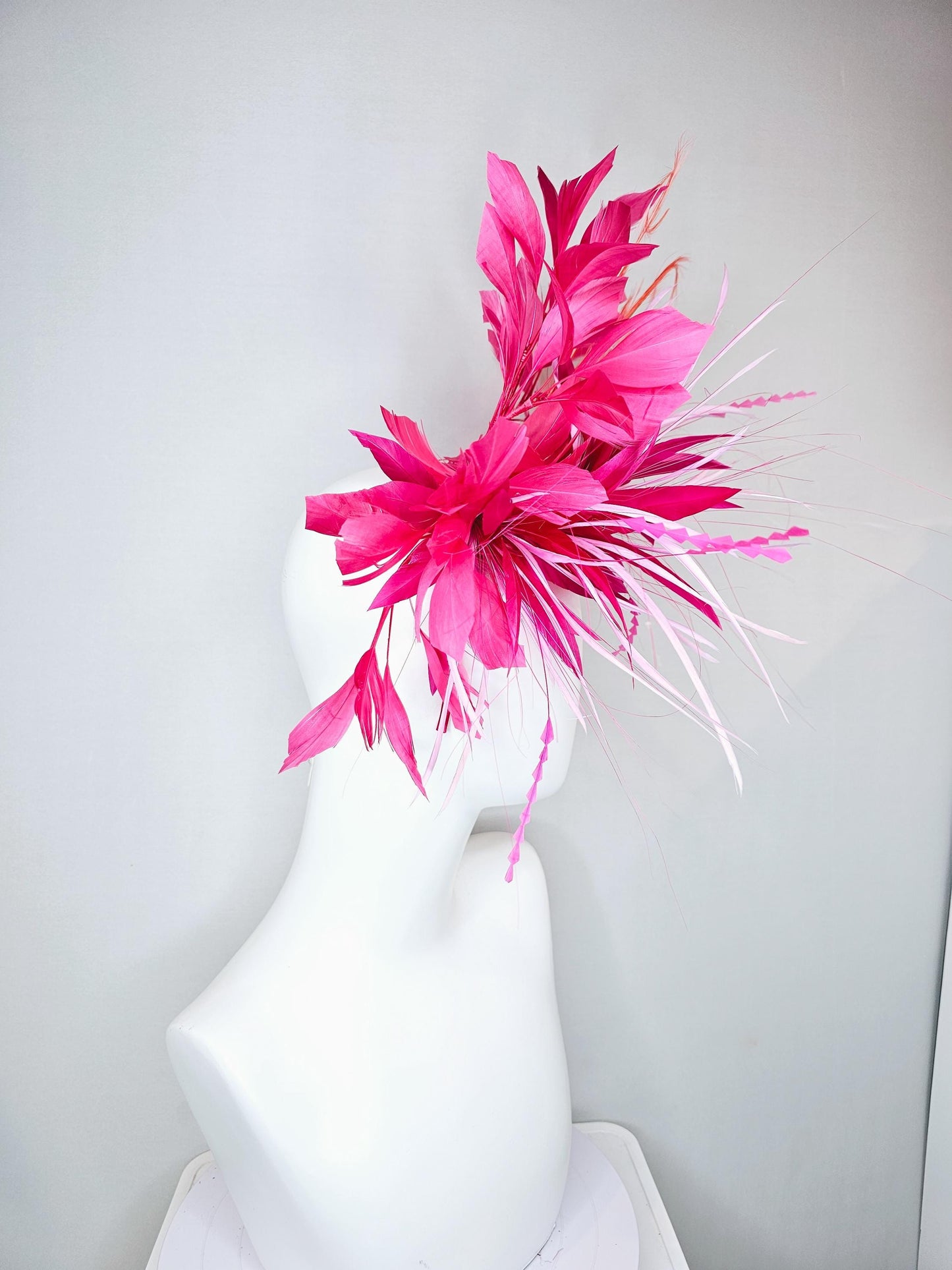 kentucky derby hat fascinator pink and baby pink feather flower, pink zigzag feathers, orange coral peach pink feathers