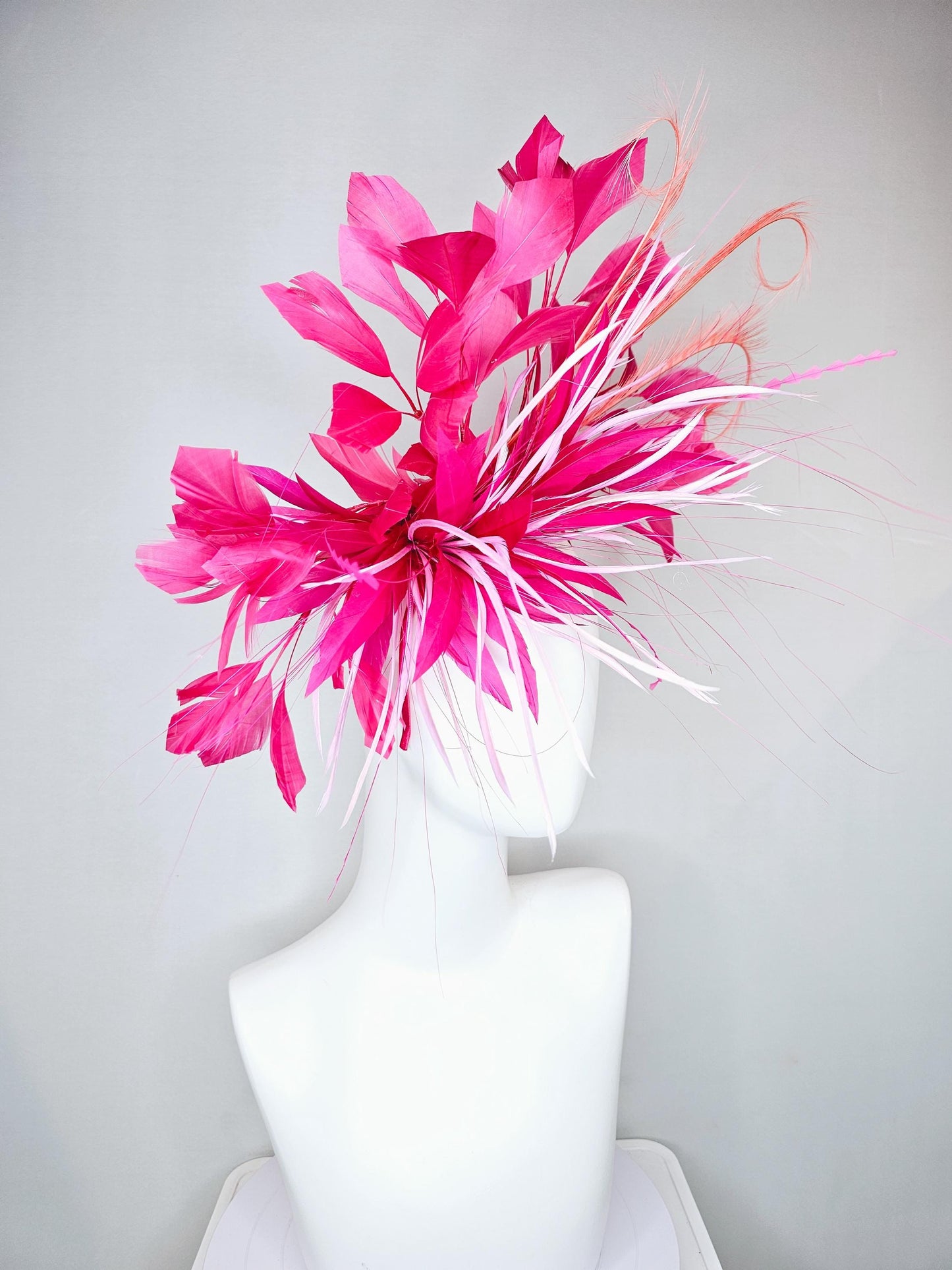 kentucky derby hat fascinator pink and baby pink feather flower, pink zigzag feathers, orange coral peach pink feathers