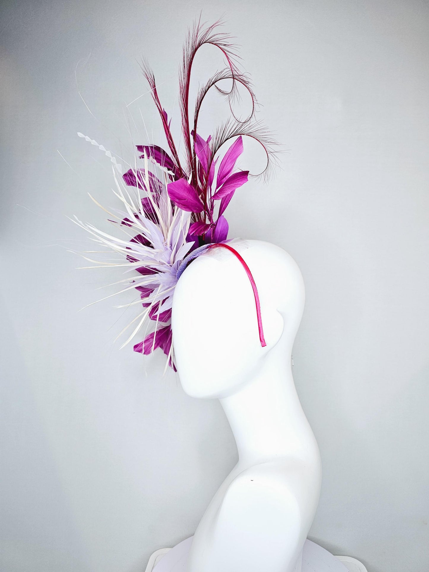 kentucky derby hat fascinator light purple lavender and white feather flower,white zigzag feathers,purple magenta wine burgundy feather