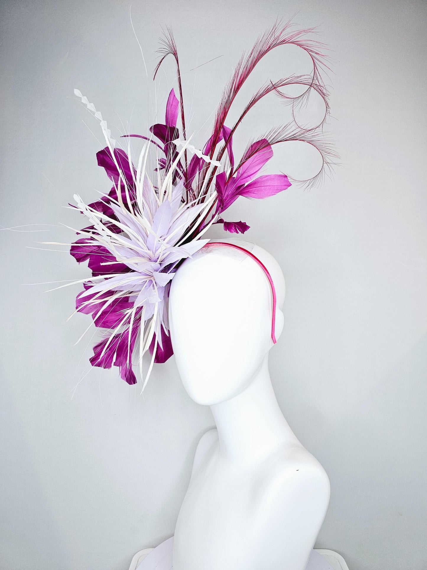 kentucky derby hat fascinator light purple lavender and white feather flower,white zigzag feathers,purple magenta wine burgundy feather