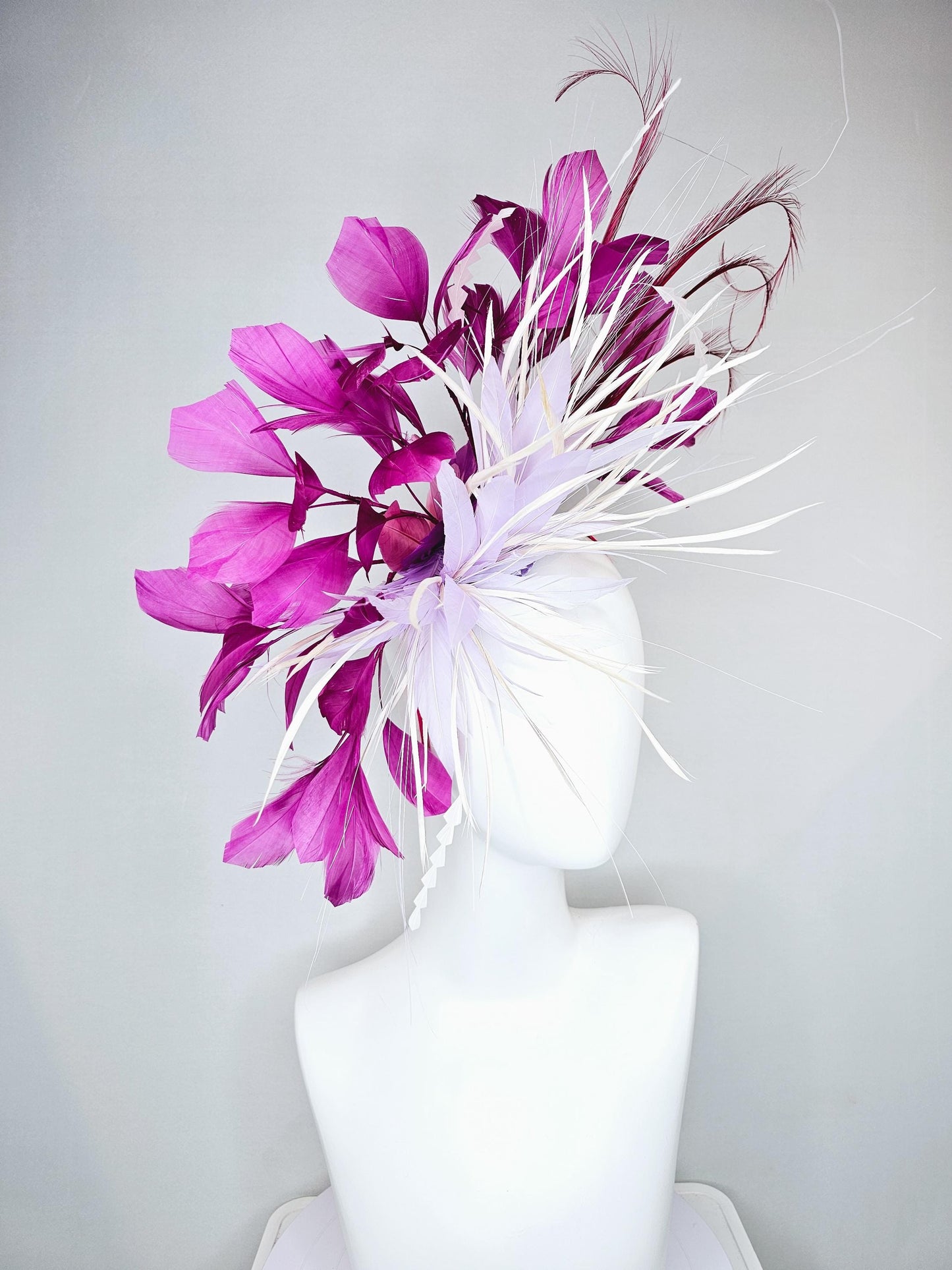 kentucky derby hat fascinator light purple lavender and white feather flower,white zigzag feathers,purple magenta wine burgundy feather