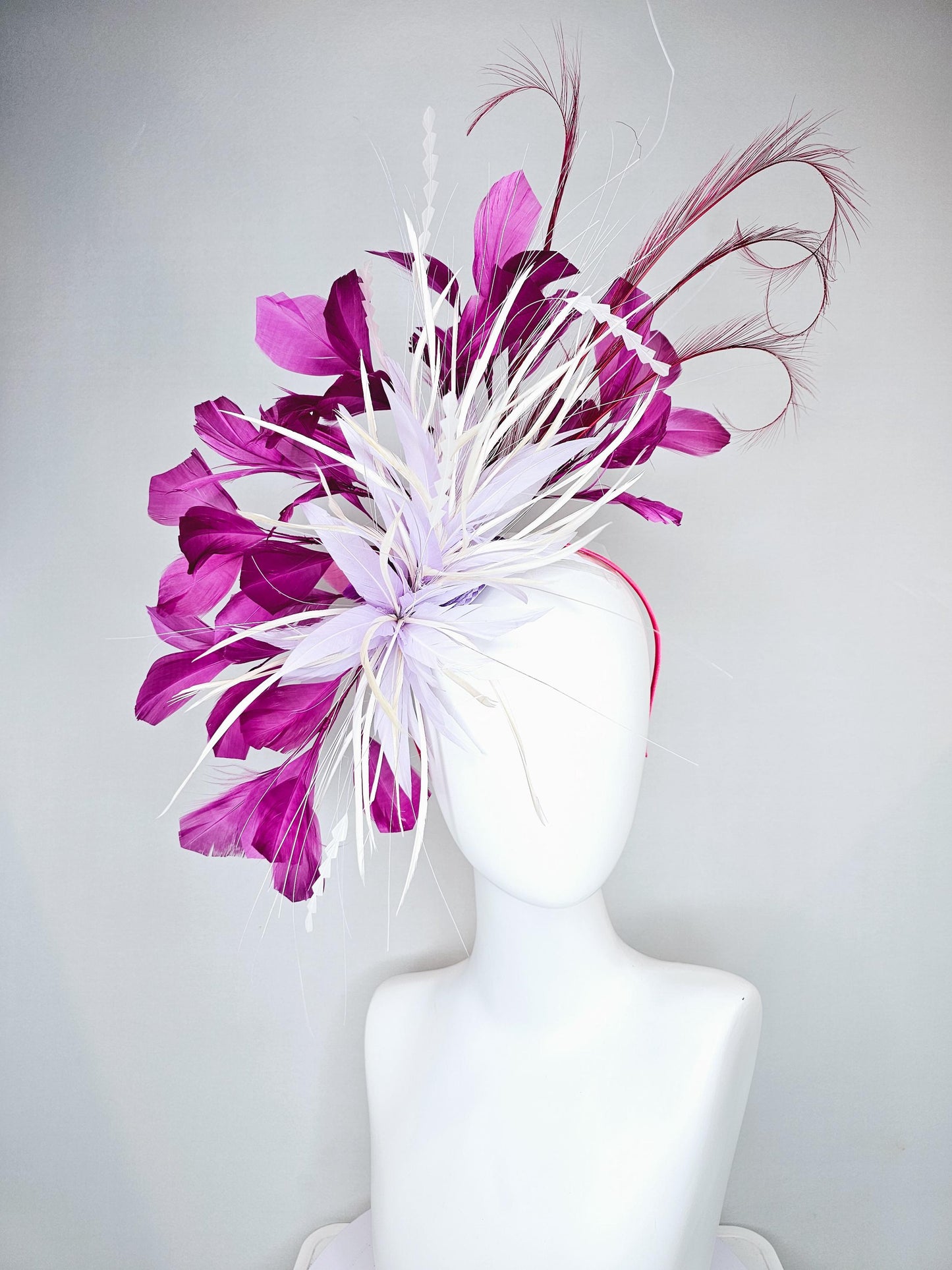 kentucky derby hat fascinator light purple lavender and white feather flower,white zigzag feathers,purple magenta wine burgundy feather