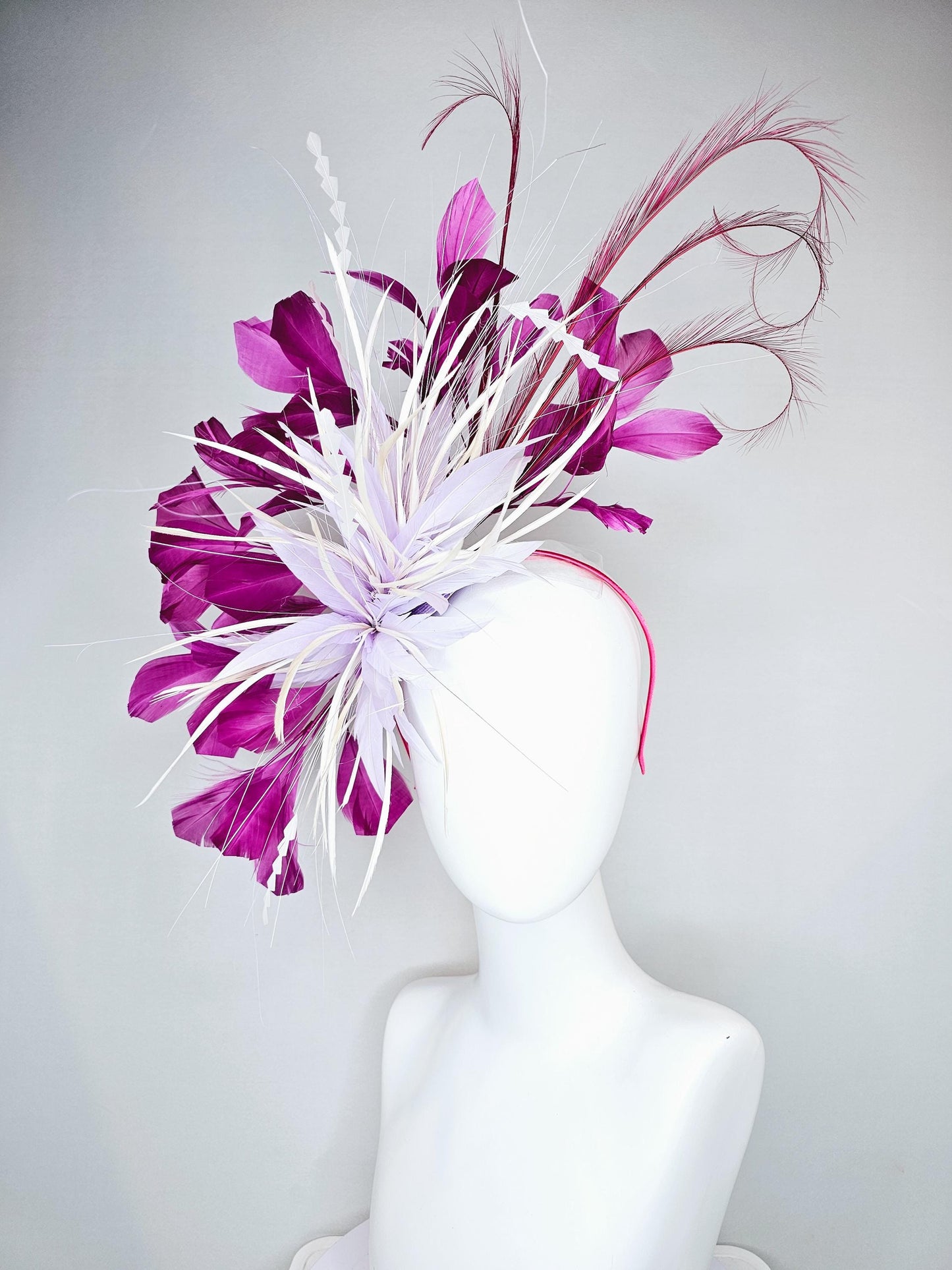 kentucky derby hat fascinator light purple lavender and white feather flower,white zigzag feathers,purple magenta wine burgundy feather