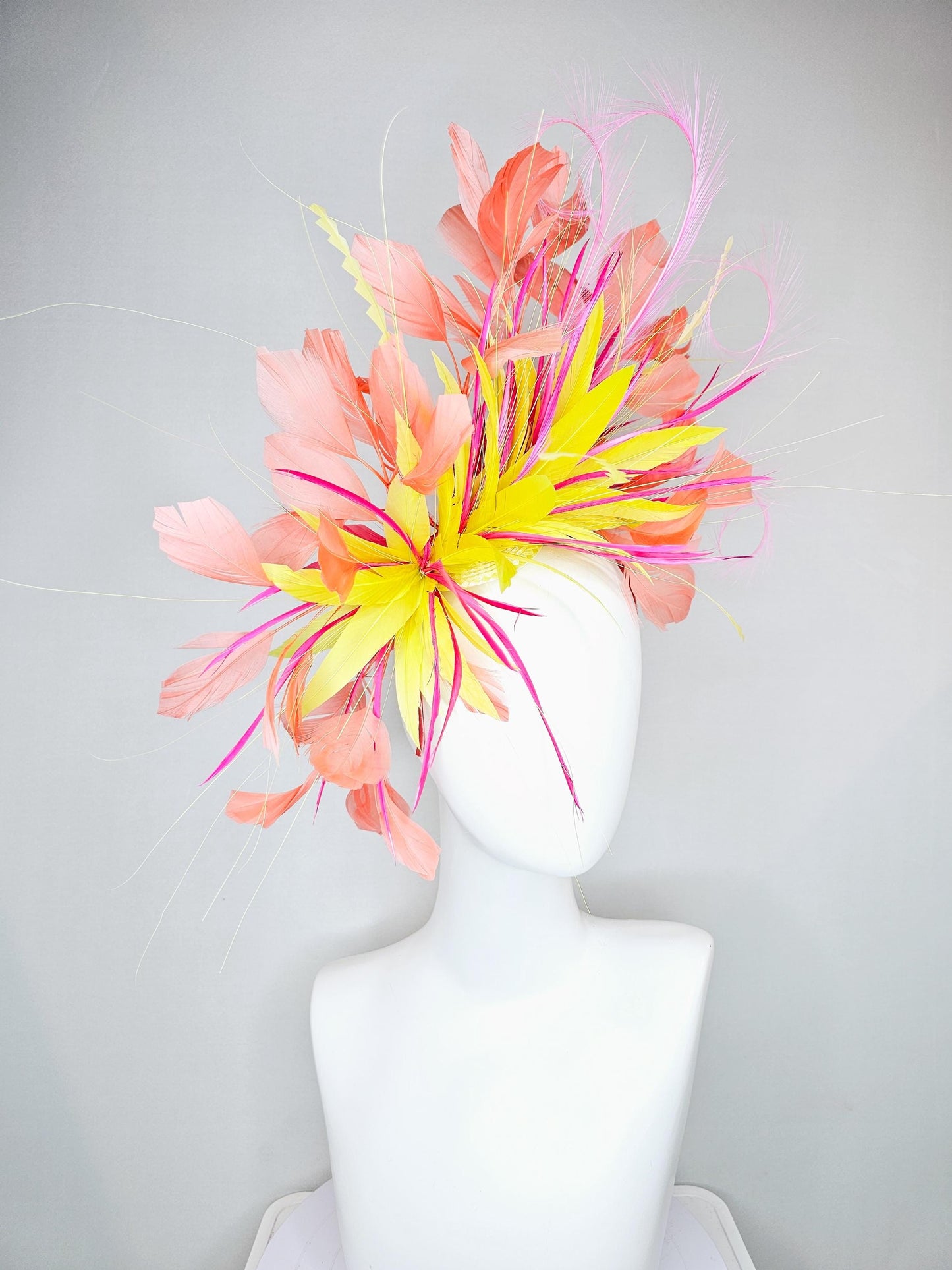 kentucky derby hat fascinator yellow and pink feather flower, yellow zigzag feathers, orange coral peach blush pink feathers