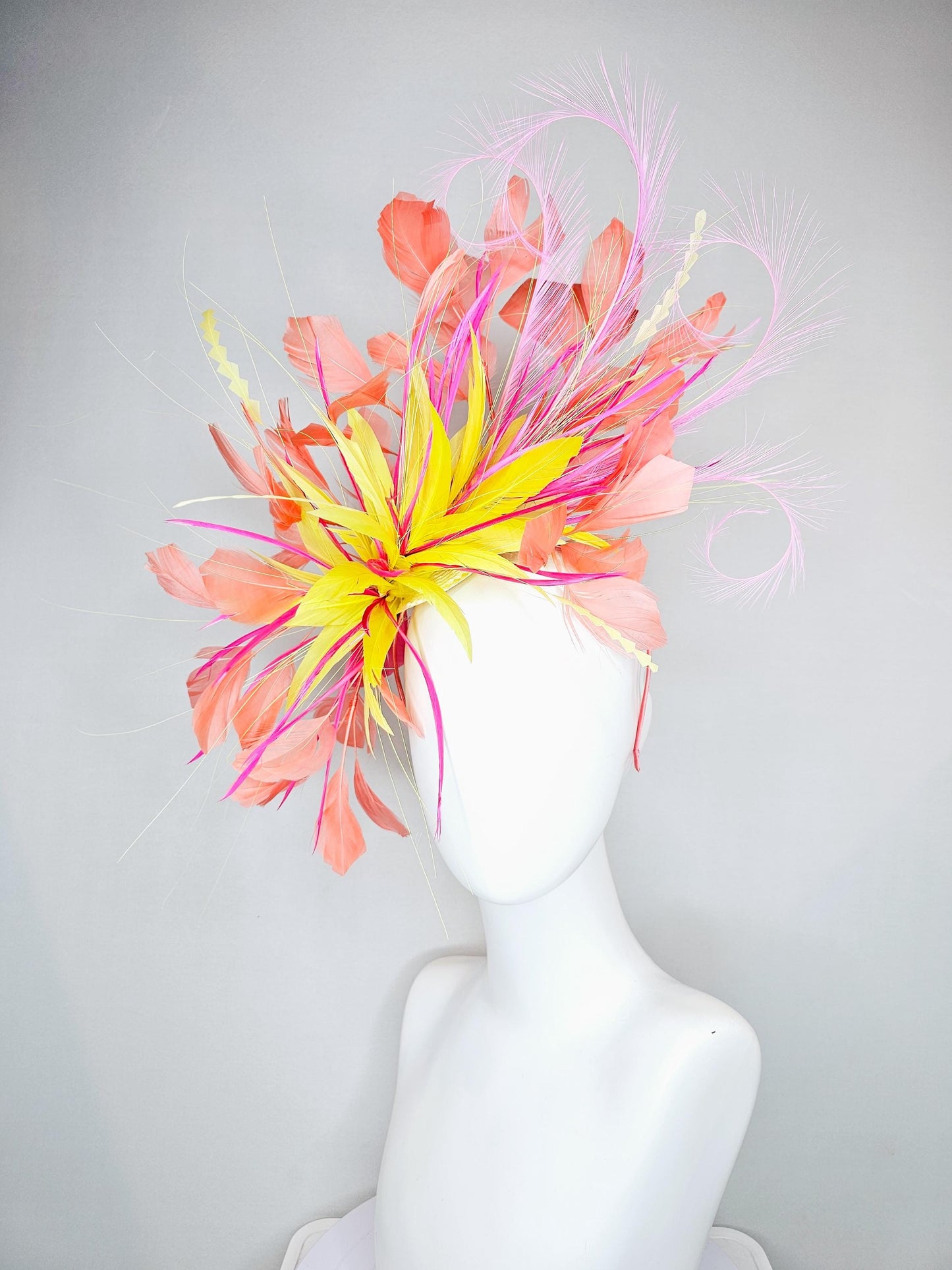 kentucky derby hat fascinator yellow and pink feather flower, yellow zigzag feathers, orange coral peach blush pink feathers