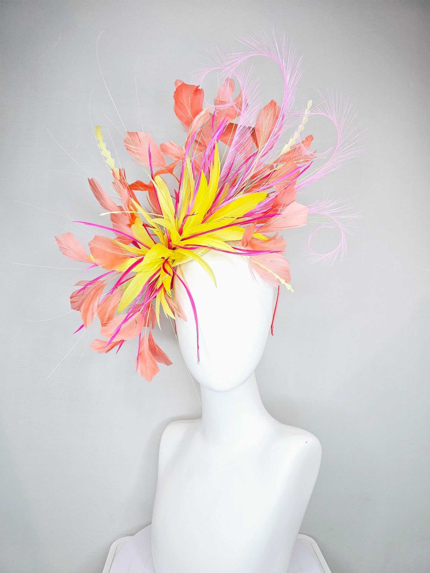 kentucky derby hat fascinator yellow and pink feather flower, yellow zigzag feathers, orange coral peach blush pink feathers