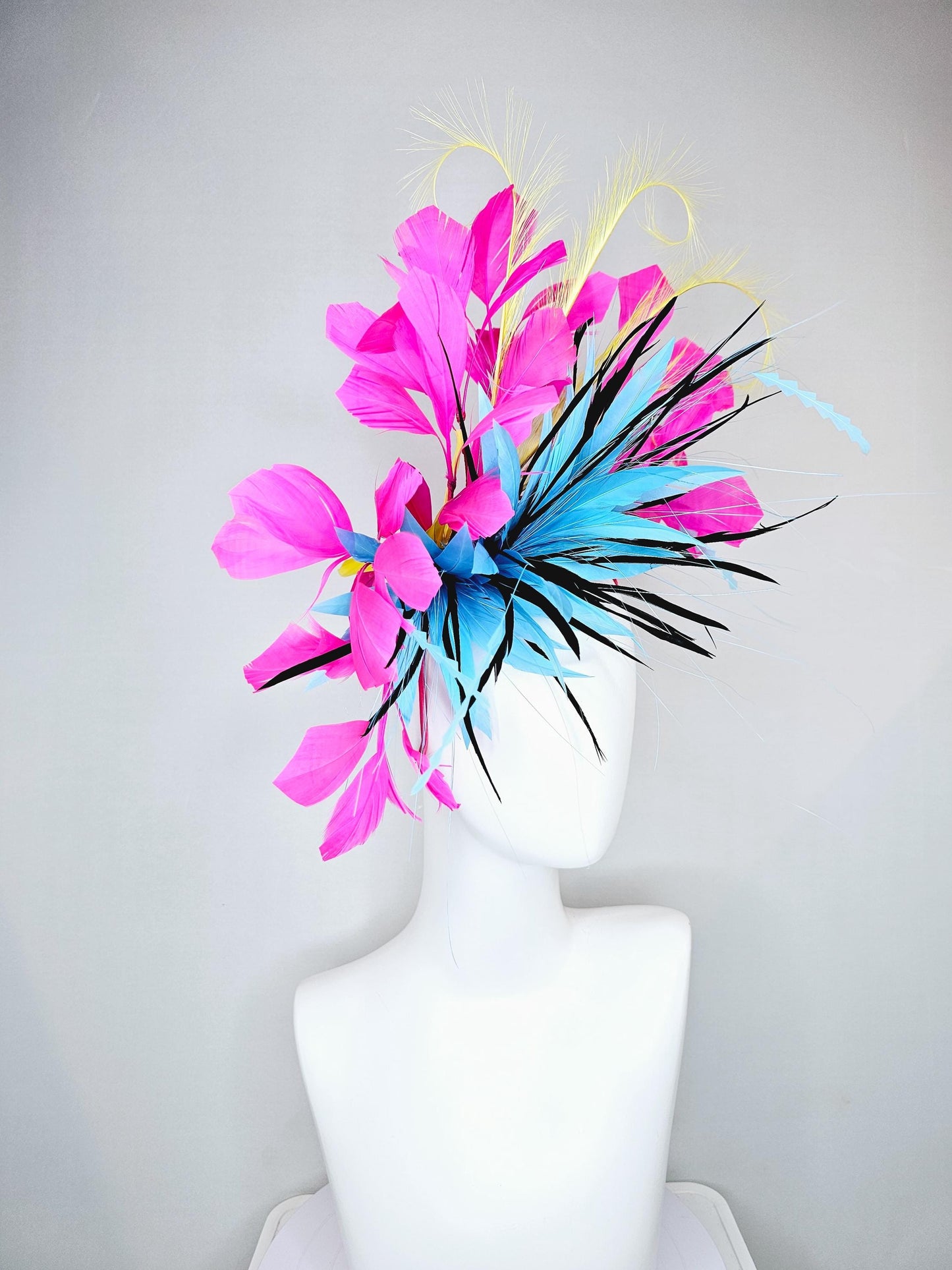 kentucky derby hat fascinator sky blue and black feather flower, zigzag sky blue feathers, yellow pink fuchsia branching feathers