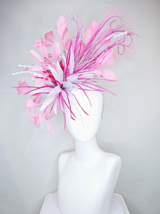 kentucky derby hat fascinator light purple lavender and pink feather flower, light purple lavender zigzag feathers, blush pink feathers