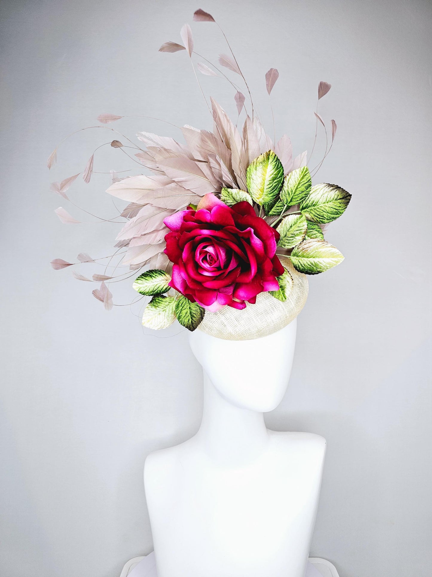 kentucky derby hat fascinator white ivory cream sinamay,hot pink fuchsia satin silk rose flower,ombre green leaves,taupe branching feathers