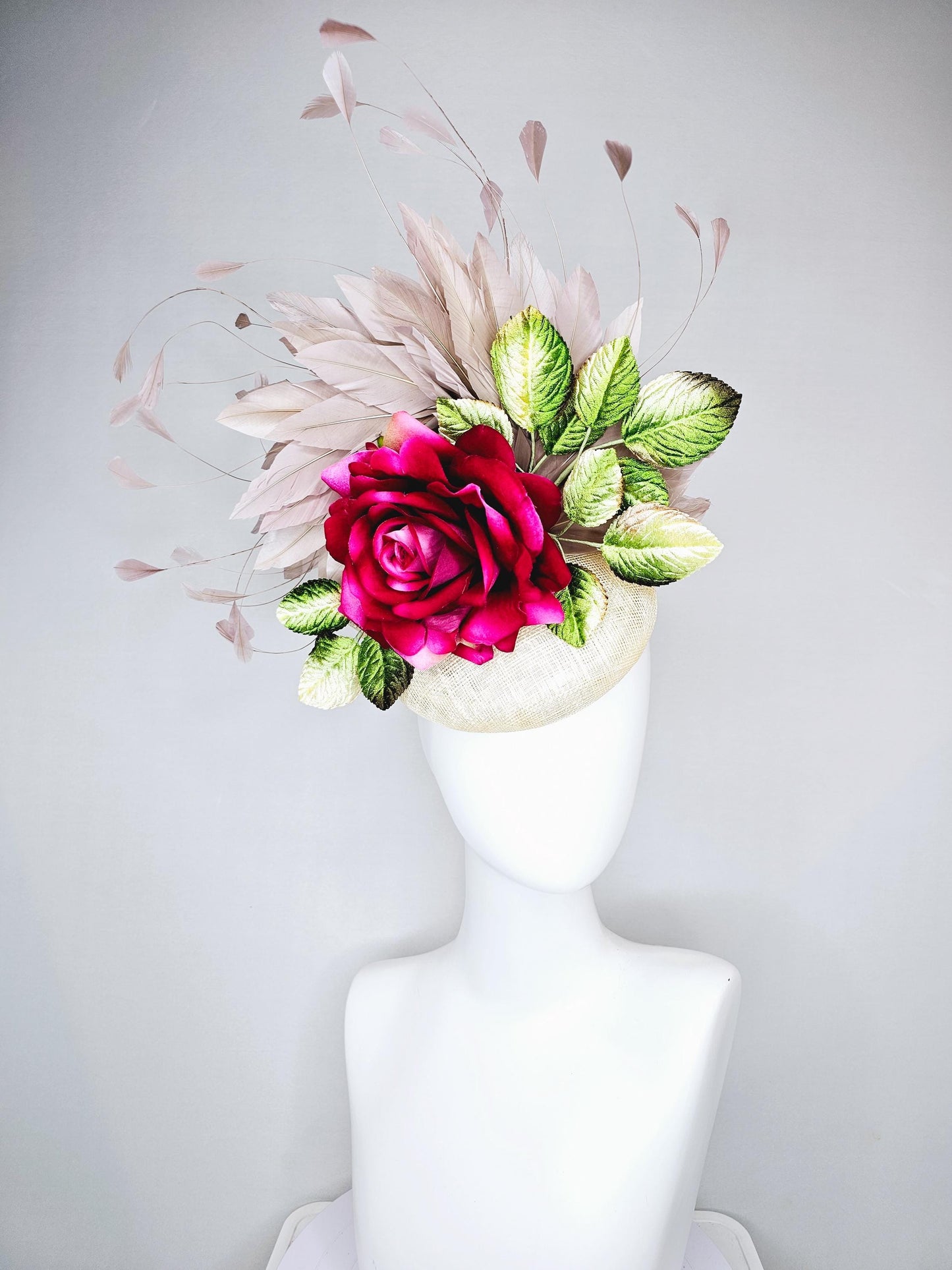 kentucky derby hat fascinator white ivory cream sinamay,hot pink fuchsia satin silk rose flower,ombre green leaves,taupe branching feathers