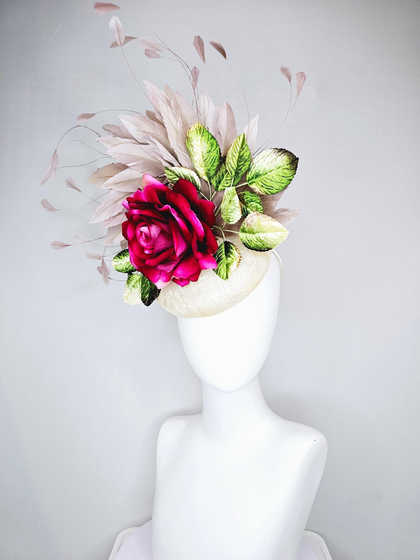 kentucky derby hat fascinator white ivory cream sinamay,hot pink fuchsia satin silk rose flower,ombre green leaves,taupe branching feathers