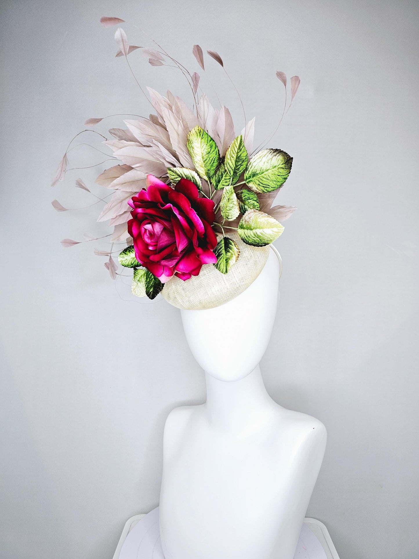 kentucky derby hat fascinator white ivory cream sinamay,hot pink fuchsia satin silk rose flower,ombre green leaves,taupe branching feathers