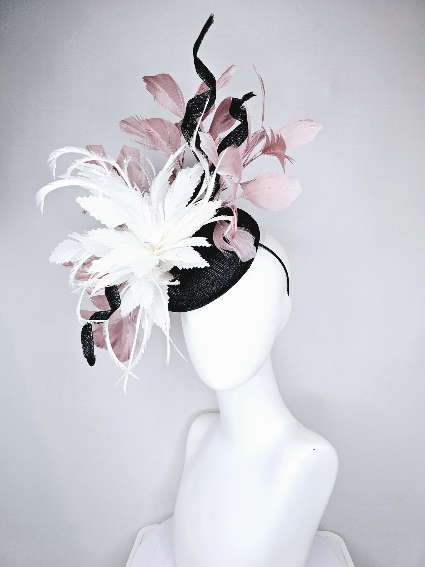 kentucky derby hat fascinator black sinamay with curls and beige neutral blush pink branching feathers with large white feather flower