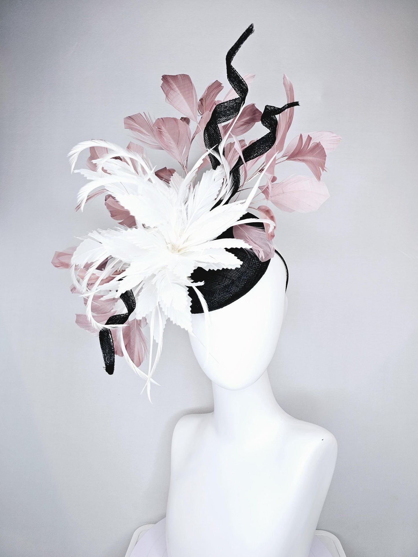 kentucky derby hat fascinator black sinamay with curls and beige neutral blush pink branching feathers with large white feather flower