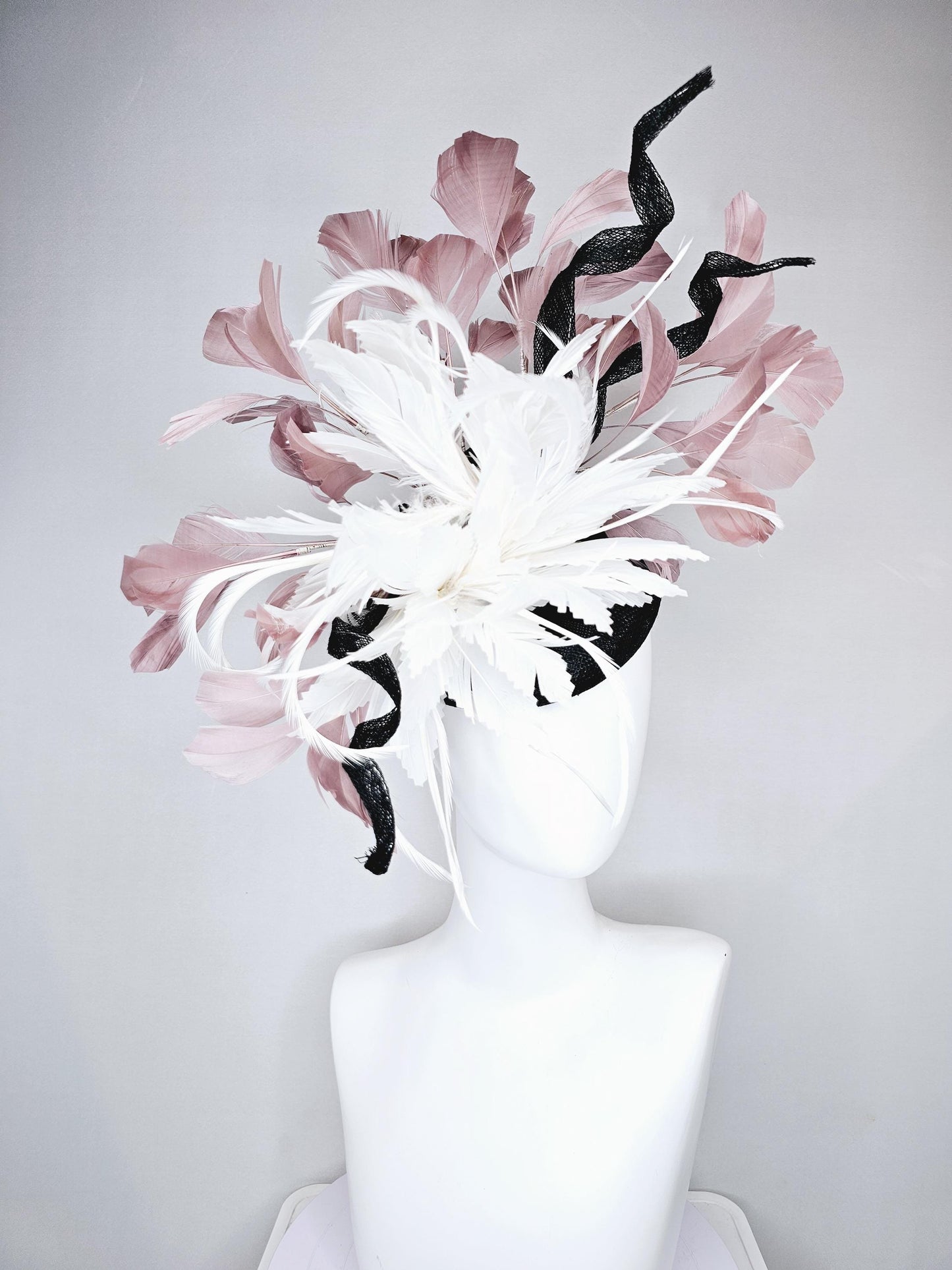 kentucky derby hat fascinator black sinamay with curls and beige neutral blush pink branching feathers with large white feather flower