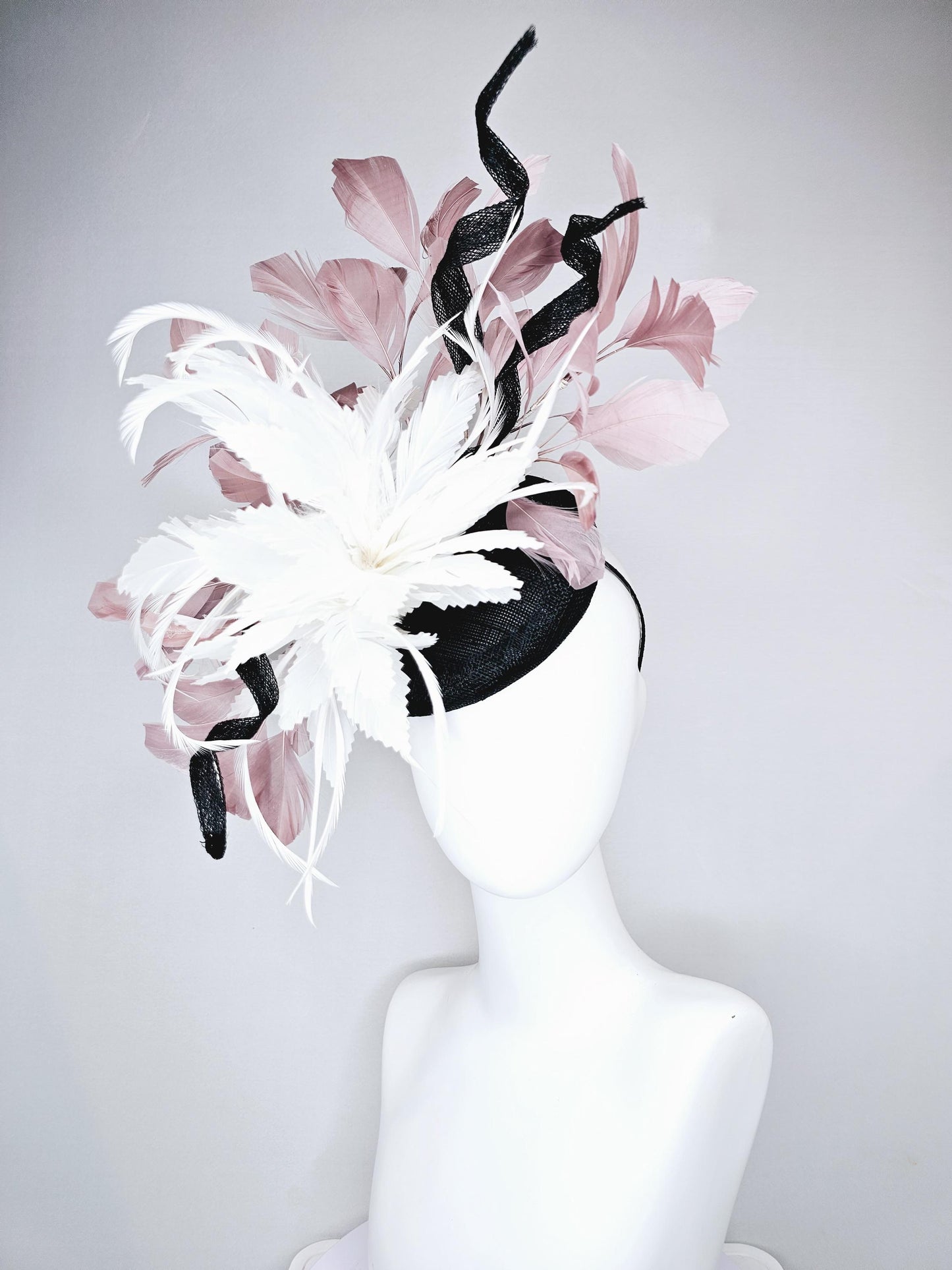 kentucky derby hat fascinator black sinamay with curls and beige neutral blush pink branching feathers with large white feather flower