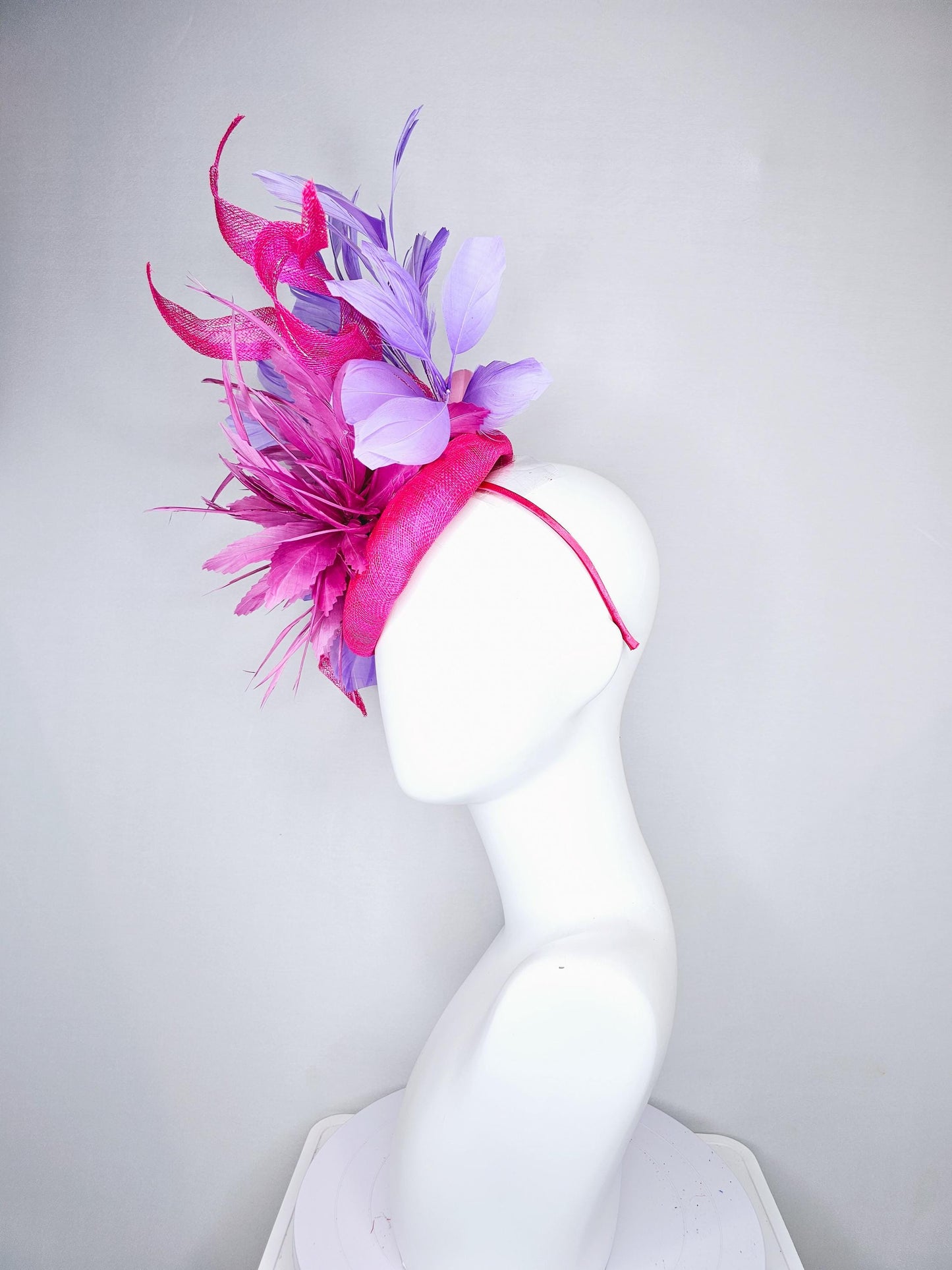 kentucky derby hat fascinator bright hot pink fuchsia feather flower with purple lavender branching feathers on a hot pink sinamay w/ curls